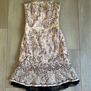 TRACY REESE ANTHROPOLOGIE Silk Dress Strapless Peachy Pink Black Print Size 2